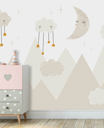 stars raining from clouds cute wallpaper mural with mountains Scandi style stars raining from clouds cute wallpaper mural with mountains Scandi style