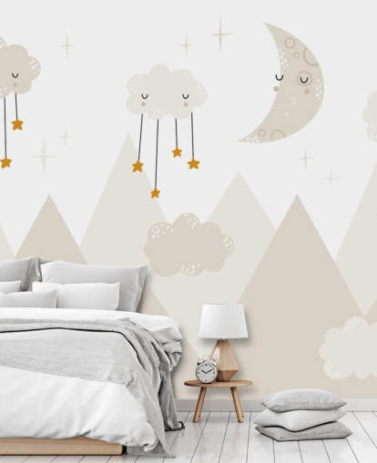 stars raining from clouds cute wallpaper mural with mountains Scandi style stars raining from clouds cute wallpaper mural with mountains Scandi style