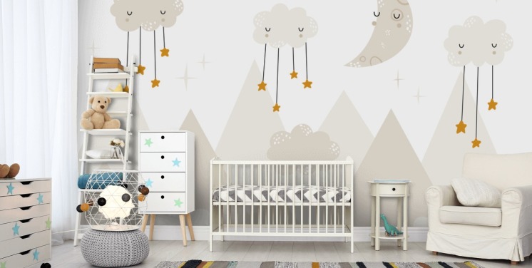 stars raining from clouds cute wallpaper mural with mountains Scandi style