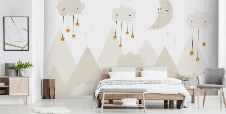 stars raining from clouds cute wallpaper mural with mountains Scandi style