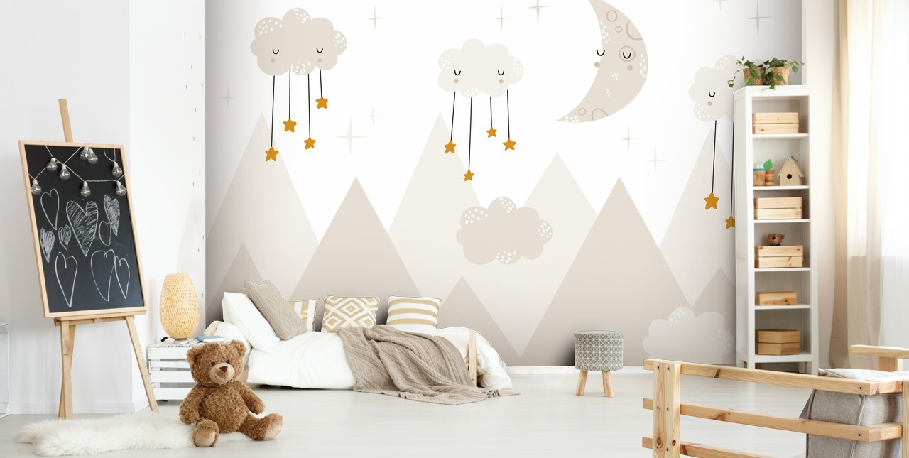 stars raining from clouds cute wallpaper mural with mountains Scandi style