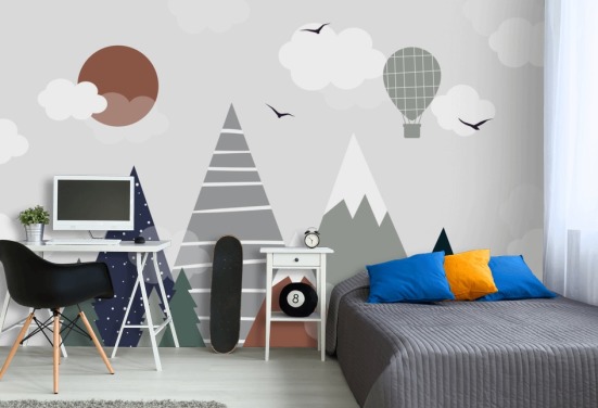 grey and blue custom kids mountain wallpaper mural for children's bedrooms