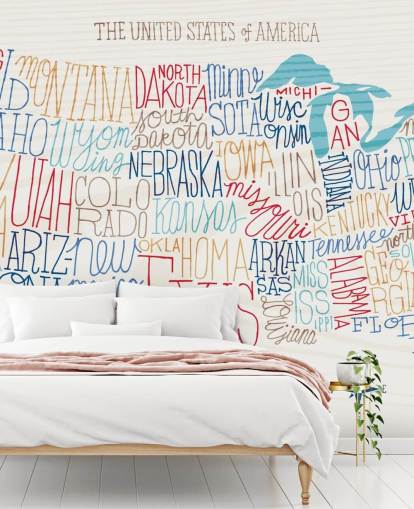 Hand Written States on US Map Mural Hand Written States on US Map Mural