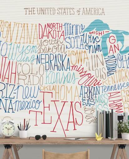 Håndskrevne stater på amerikanske kort Mural Håndskrevne stater på amerikanske kort Mural