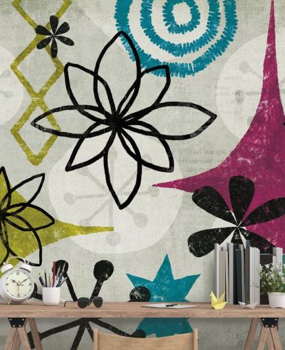 behang met paars, groen en grijs patroon behang met paars, groen en grijs patroon