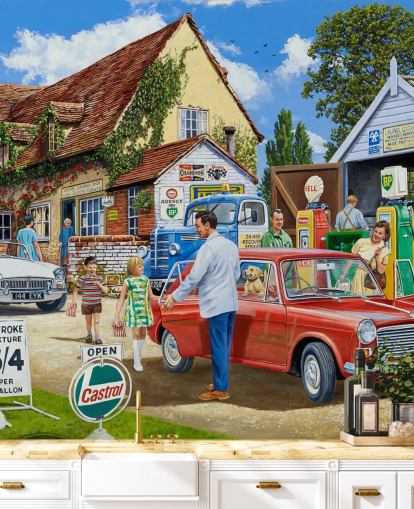 brugerdefineret svunden æra benzinstation vægmaleri af Trevor Mitchell til plejehjem brugerdefineret svunden æra benzinstation vægmaleri af Trevor Mitchell til plejehjem