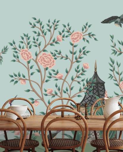 blå og lyserød chinoiserie tapet kaldet Chinoiserie Rose Garden og Pagoda til soveværelser og stuer blå og lyserød chinoiserie tapet kaldet Chinoiserie Rose Garden og Pagoda til soveværelser og stuer