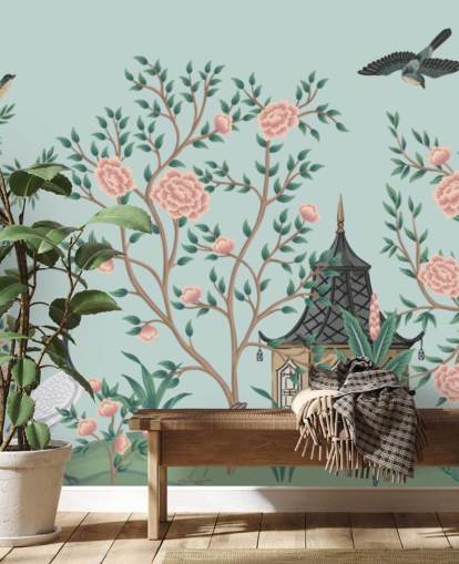 blue and pink chinoiserie wallpaper called Chinoiserie Rose Garden and Pagoda for bedrooms and living rooms blue and pink chinoiserie wallpaper called Chinoiserie Rose Garden and Pagoda for bedrooms and living rooms