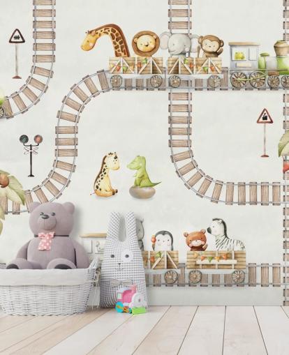 søde dyr og tog børnevægmaleri søde dyr og tog børnevægmaleri