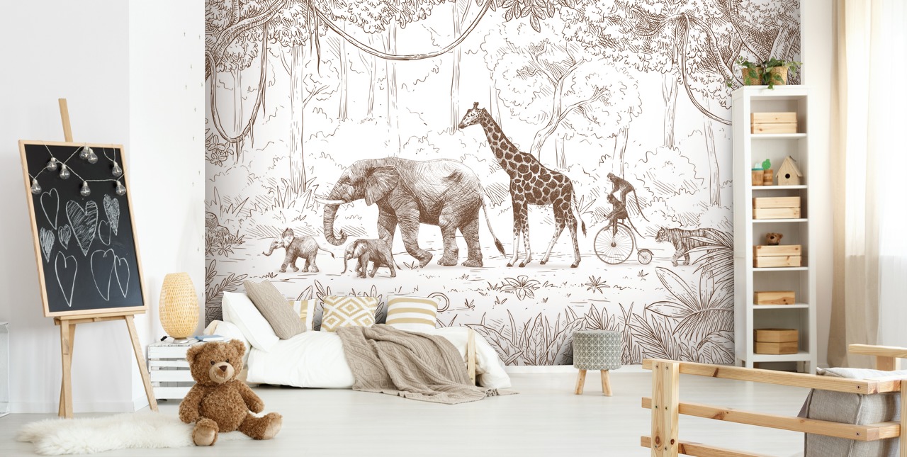 murale con animali della giungla per bambini in marrone murale con animali della giungla per bambini in marrone