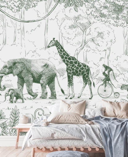 kids jungle animal wall mural in green kids jungle animal wall mural in green