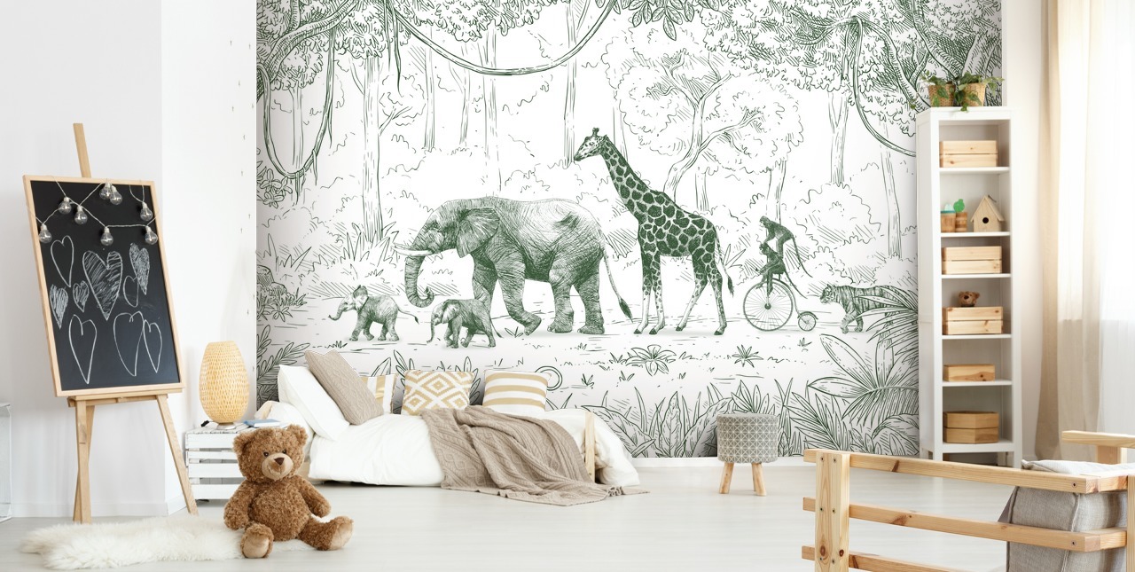murale verde con animali della giungla per bambini murale verde con animali della giungla per bambini