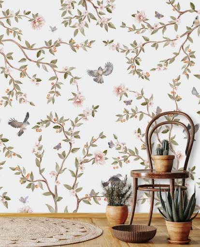 chinoiserie tapetti seinämaalaus ruusuilla ja linnuilla chinoiserie tapetti seinämaalaus ruusuilla ja linnuilla