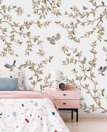 chinoiserie tapet veggmaleri med roser og fugler chinoiserie tapet veggmaleri med roser og fugler