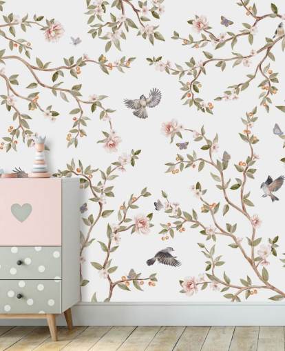 mural de papel de parede chinoiserie com rosas e pássaros mural de papel de parede chinoiserie com rosas e pássaros
