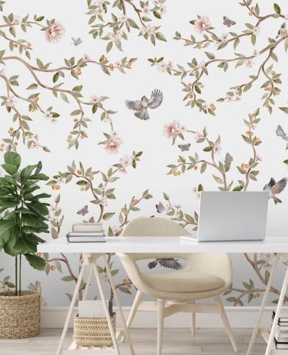 mural de papel de parede chinoiserie com rosas e pássaros mural de papel de parede chinoiserie com rosas e pássaros