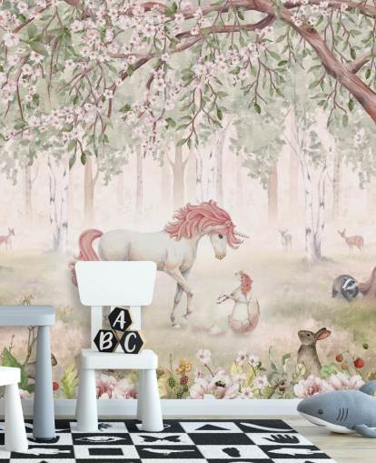 mural de papel pintado de unicornios en el bosque mural de papel pintado de unicornios en el bosque