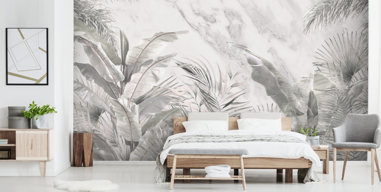 op maat gemaakte monochrome muurschildering van junglebladeren voor slaapkamers op maat gemaakte monochrome muurschildering van junglebladeren voor slaapkamers