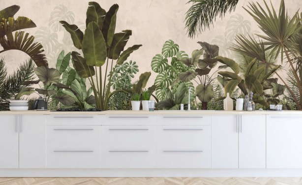 grøn og beige jungle tapet vægmaleri