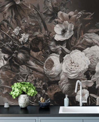 dark floral wall mural with bouquet of flowers dark floral wall mural with bouquet of flowers