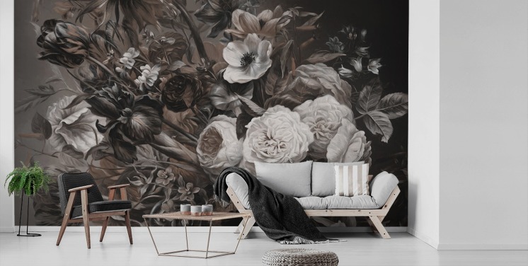 donkere bloemenmuurschildering met boeket bloemen