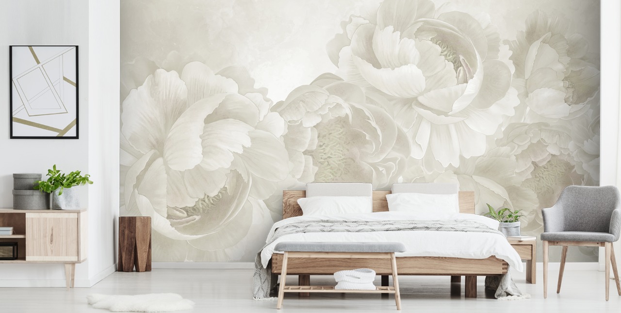 mural de papel de parede de peônias grandes em bege