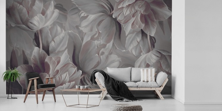 dark floral mural with big tulips