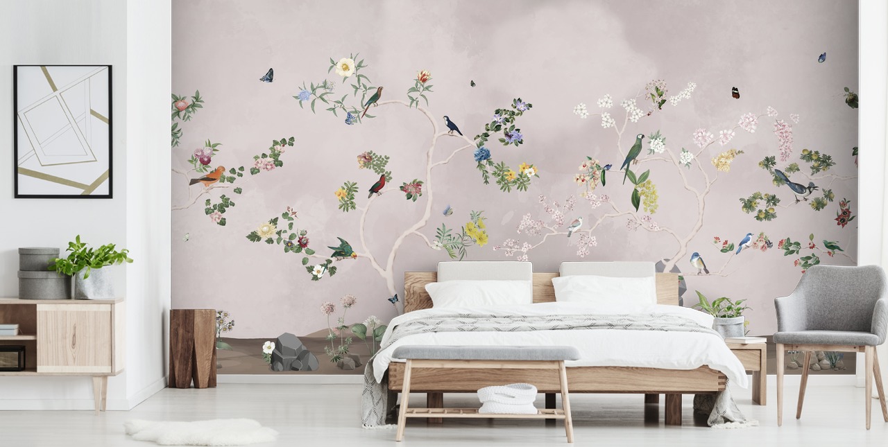 chinoiserie behangmuurschildering met vogels