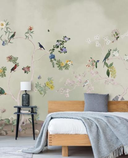 Chinoiserie-Tapetenwandbild mit Vögel Chinoiserie-Tapetenwandbild mit Vögel