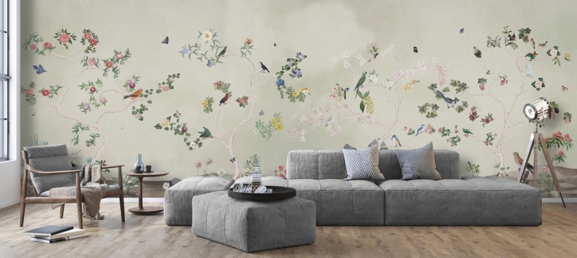 chinoiserie wallpaper mural with birds