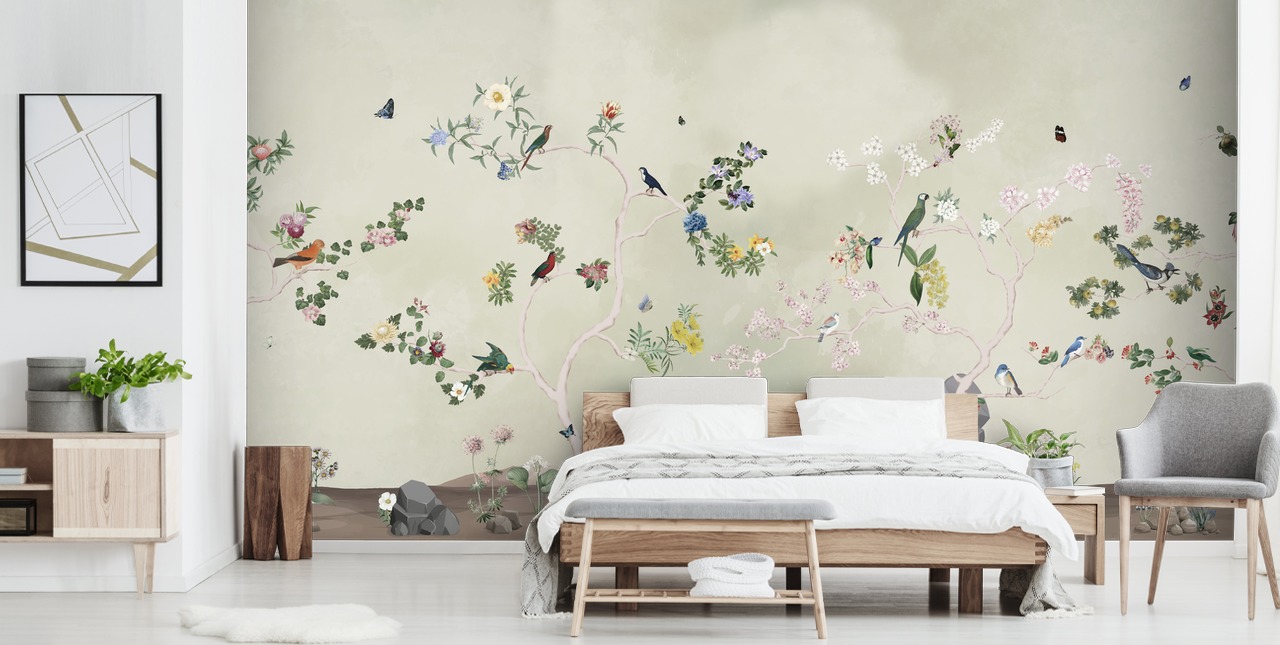 chinoiserie tapet vægmaleri med fugle