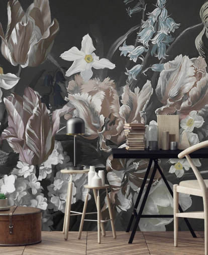 dark floral wall mural with bouquet of peonies dark floral wall mural with bouquet of peonies