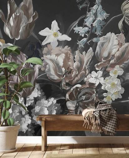 dunkles florales Wandbild mit Strauß Pfingstrosen dunkles florales Wandbild mit Strauß Pfingstrosen