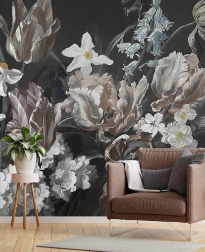 dark floral wall mural with bouquet of peonies dark floral wall mural with bouquet of peonies