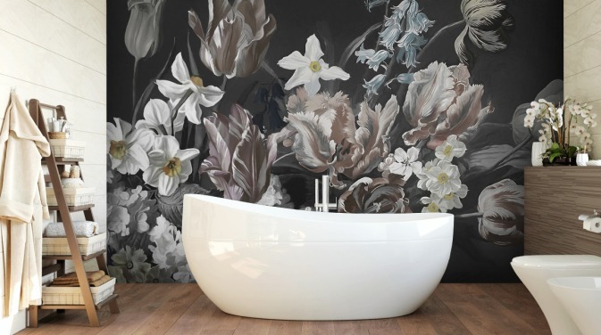 dark floral wall mural with bouquet of peonies