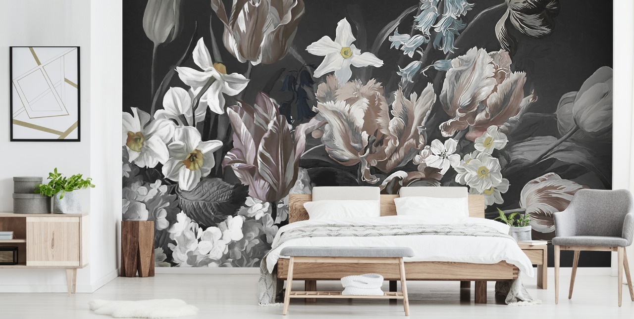 dark floral wall mural with bouquet of peonies dark floral wall mural with bouquet of peonies