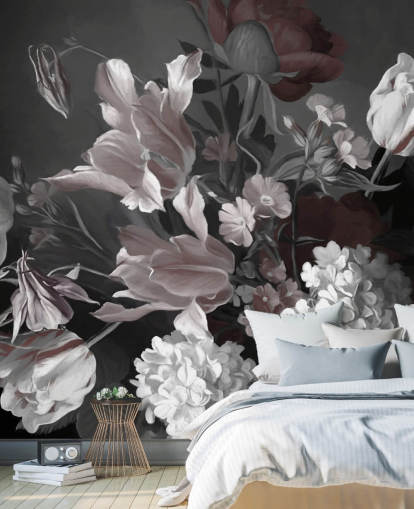 dark floral wall mural with bouquet of tulips dark floral wall mural with bouquet of tulips