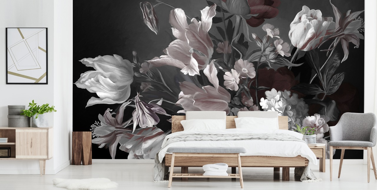 mörk blommig väggmålning med bukett tulpaner