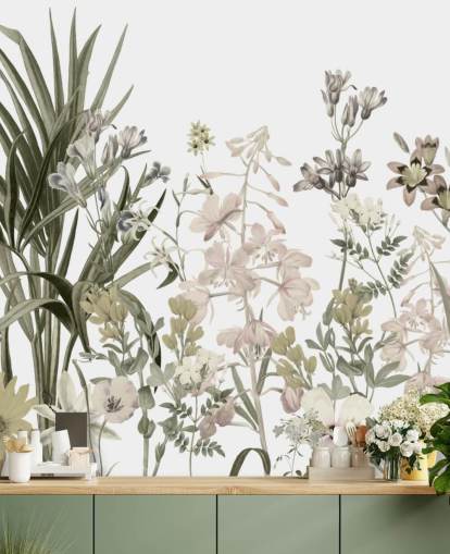 green and white growing flowers wallpaper wall mural by Marina Stupakova for lounges green and white growing flowers wallpaper wall mural by Marina Stupakova for lounges