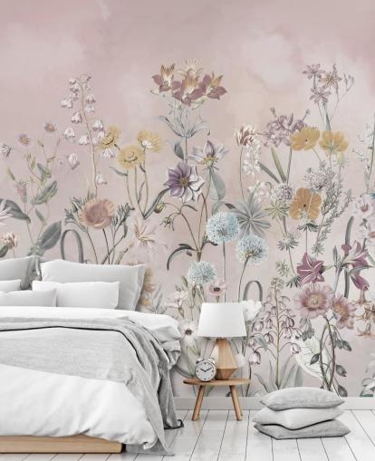 carta da parati murale rosa personalizzabile con primule in crescita di Marina Stupakova per camere da letto carta da parati murale rosa personalizzabile con primule in crescita di Marina Stupakova per camere da letto