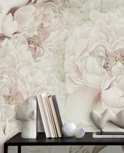 Marina Stupakovan suuri kukka-seinämaalaus, jossa punastuvat vaaleanpunaiset pionit makuuhuoneisiin Marina Stupakovan suuri kukka-seinämaalaus, jossa punastuvat vaaleanpunaiset pionit makuuhuoneisiin