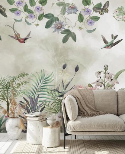 fresque murale personnalisable de fleurs tropicales et d'oiseaux par Marina Stupakova fresque murale personnalisable de fleurs tropicales et d'oiseaux par Marina Stupakova