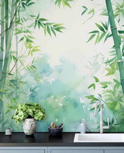 Grün-weißes maßgeschneidertes Bambus-Wandbild namens Watercolour Bamboo Landscape für Schlafzimmer und Badezimmer Grün-weißes maßgeschneidertes Bambus-Wandbild namens Watercolour Bamboo Landscape für Schlafzimmer und Badezimmer