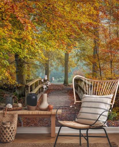 Tapeten-Wandbild „Herbstwald mit Brücke“ Tapeten-Wandbild „Herbstwald mit Brücke“