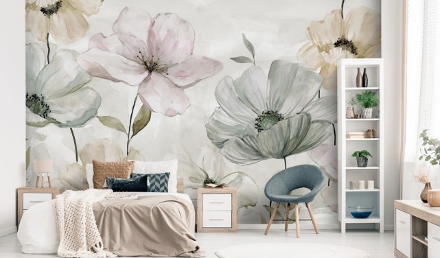 grey floral wallpaper mural by Carol Robinson
