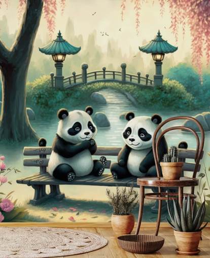Illustration of Twin Pandas in the Park Wallpaper Mural Illustration of Twin Pandas in the Park Wallpaper Mural