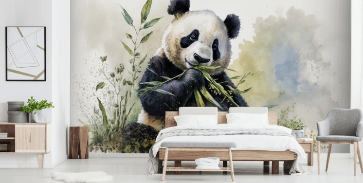 Akvarell Panda gumching on Bamboo Tapet Veggmaleri