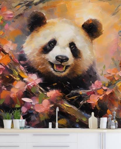 Colourful Illustration of a Panda in a Flower Blossom Wallpaper Colourful Illustration of a Panda in a Flower Blossom Wallpaper