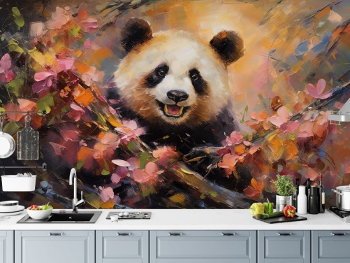 Farbenfrohe Abbildung eines Pandas in einer Blumenblüten-Tapete