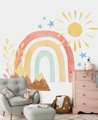 mural de parede de papel de parede boho rainbow and mountain em aquarela para quarto de crianças mural de parede de papel de parede boho rainbow and mountain em aquarela para quarto de crianças